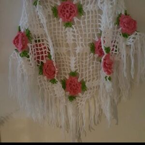 Crochet Shawl with Pink Floral Accents